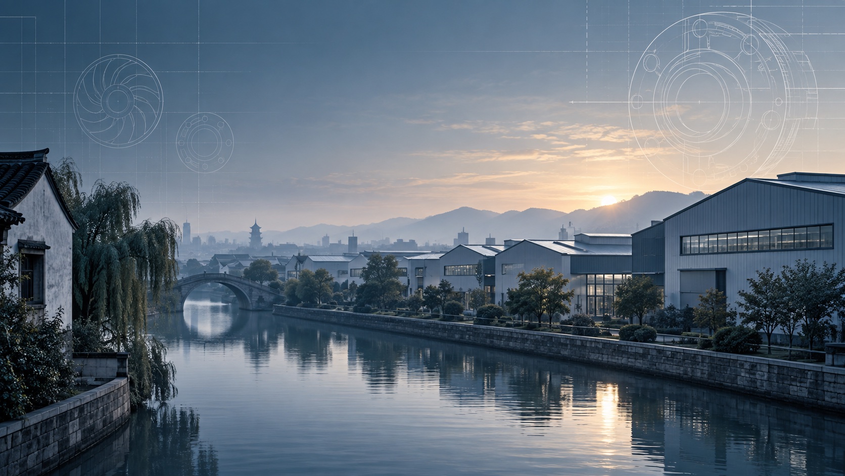 Conceptual illustration of Suzhou waterways and an industrial district with engineering linework
