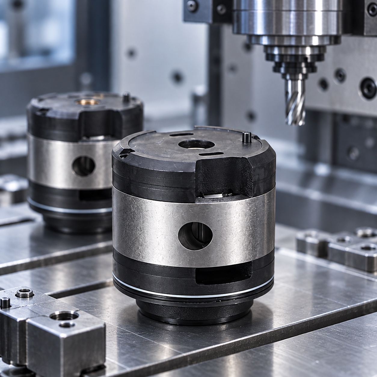 Conceptual visualization of a hydraulic vane-pump cartridge beside CNC machining equipment